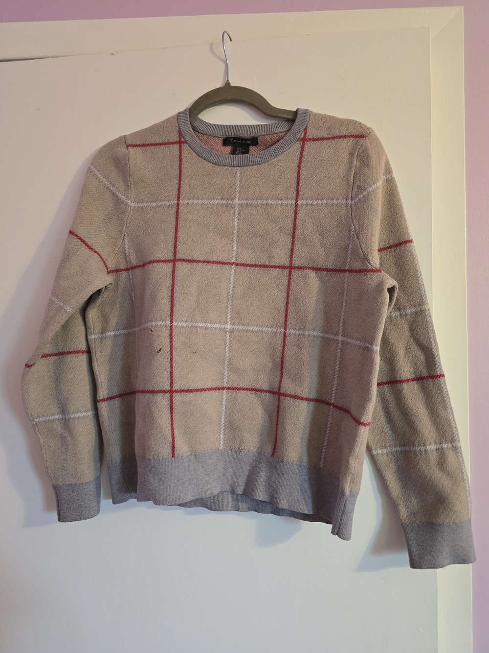 Tahari Tan Crewneck Sweater with Red and Light Gray Windowpane